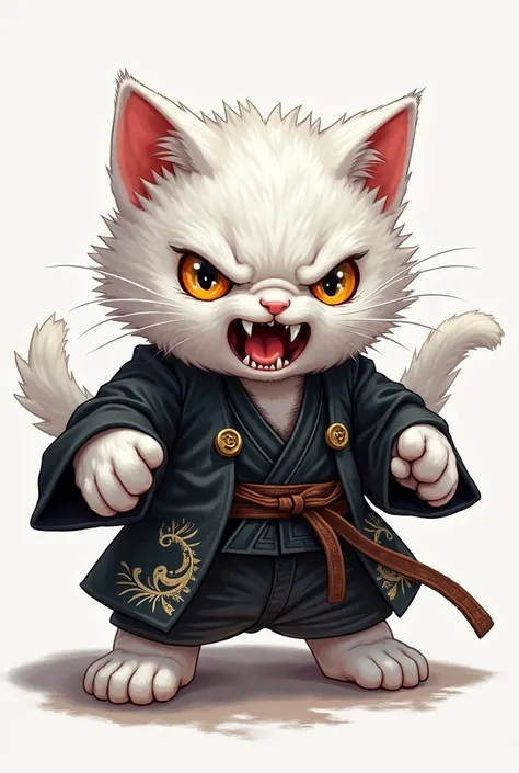 A white angry muscular cat in a black kimono, Sanrio hello kitty style