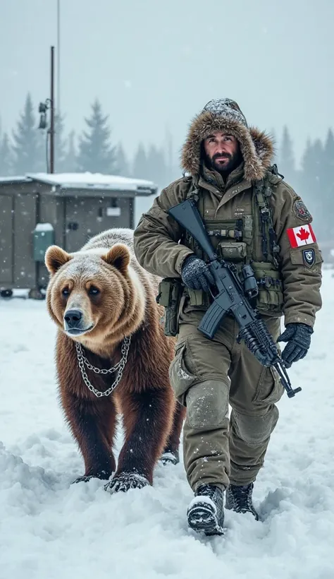 "A Canadian soldier in thick winter gear, patrolling a frozen landscape. He holds an AK-47, the UN flag on his sleeve. A massive grizzly bear walks beside him, its fur dusted with snow, wearing a steel-chain necklace. A military outpost stands behind them....