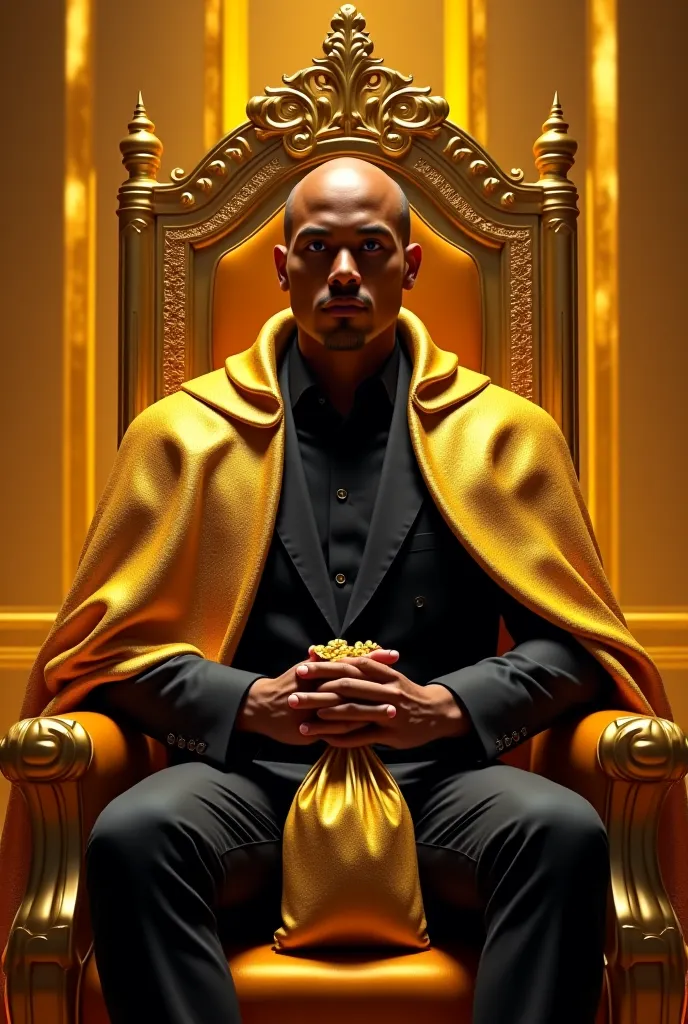 A handsome bald black man, black shirt with a long golden cloak with a hood, black pants, he is holding a bag of gold coins, he is sitting on a golden throne in a golden palace