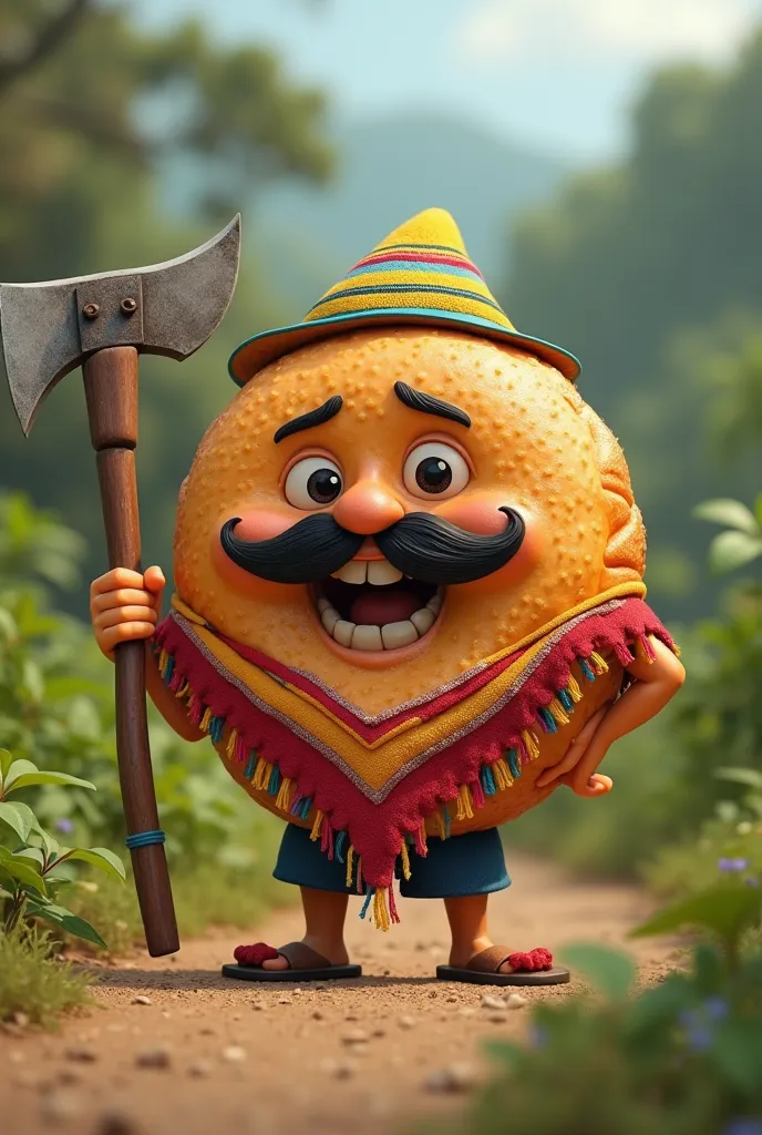 A traditional Colombian donut animated with mustache and poncho and in his right hand a machete like a good farmer 