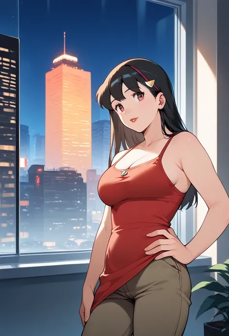  high resolution, Best Quality, uncensored, Doraemon anime style, night, 1 girl, Minamoto Shizuka, black hair, red lips, milf, long_hair, large_breast, red_dress, long_dress, hotel_interior, huge window, skyscraper, 1 boy, black skin man, muscular man, tal...