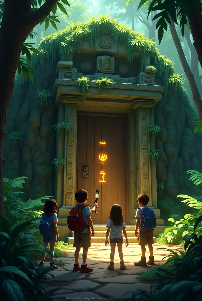 mage 6: Discovering a Hidden Temple
Prompt:
"Lila, Max, Zara, and Leo arrive at a hidden temple covered in vines and moss. Lila brushes away vines to reveal glowing symbols on the door, while Max examines the carvings. Zara shines her flashlight on the tem...