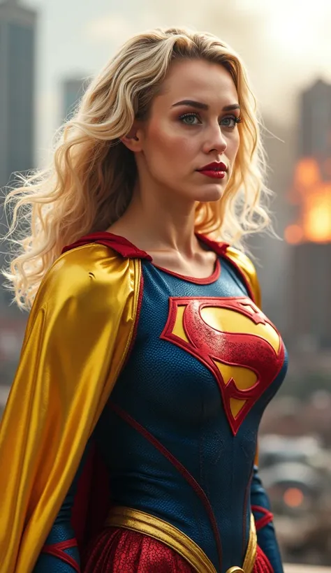 Real world photo, detailed realistic eyes, 20 year old superhero woman, red lipstick, wearing a yellow and blue super hero costume, cape, extremely busty, huge ample cleavage, glistening shining skin, looking away from viewer, heroic fighting pose, destroy...