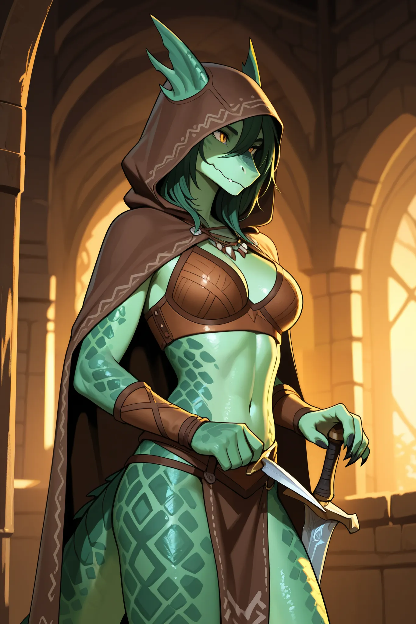 Lizardwoman, fantasy, adventurer, beautiful, thief