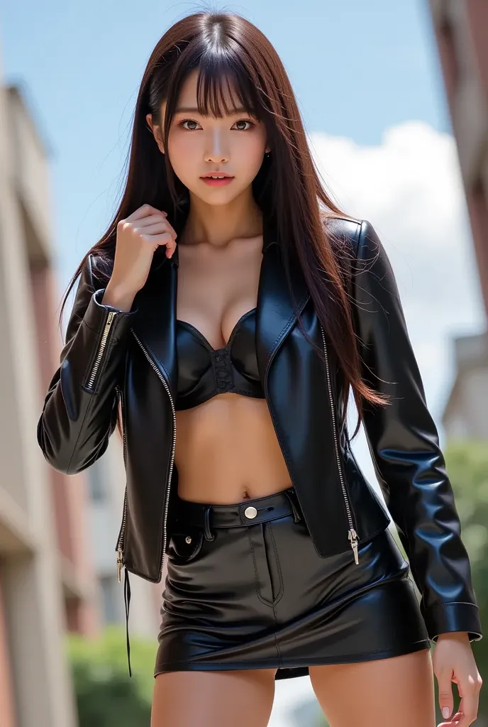  A beautiful young woman with straight brown hair , Taking a suggestive pose .  She wears a shiny black patent leather jacket, that accentuates her figure, supplemented by a tight-fitting mini skirt made of shiny black patent leather .  His expression is s...