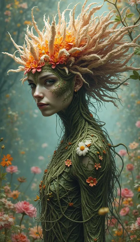 captivating digital artwork depicts a fantastical, nature-inspired creature or entity. The subject's form is a remarkable fusion of human and floral elements, creating a mesmerizing, otherworldly aesthetic.

The creature's face is partially obscured by an ...