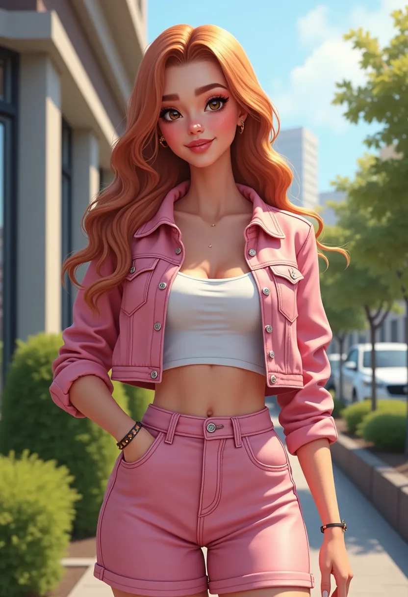 Young North American 22 years old, face rectangle, with light medium skin, perfect brown eyes, long strawberry hair, middle apart models, wavy Bulky hair, glossy lips, glowing makeup, light freckles  em um  ambiente urbano, com um prédio ao fundo. O visual...