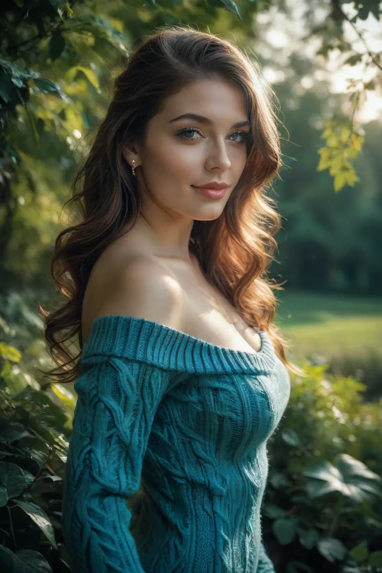 ((best quality)), ((masterpiece)), ( detailed), 1, saggy shoulder sweater, Sensual feminine body,  Oval face, expressive eyes,  long brown hair , PINK LIPS, elegant pose,  look straight, natural background with trees, foliage, cloudy sky,  soft natural lig...