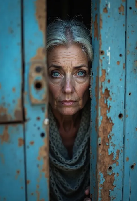 a face and eyes of a age female human  with blue eyes are seen peeking through the gaps in a worn out blue wooden door with holes and rotting.