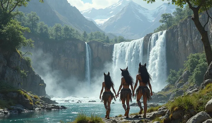 fantasy mountain village with waterfalls, 3 girls with wolf ears walking, leather outfits