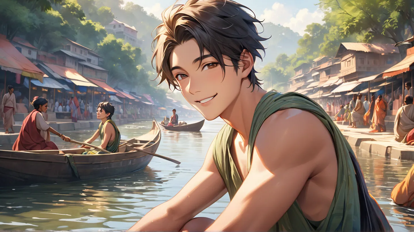 ((photorealism:1.2),   very Handsome japanese man, Japanese only, 22-27 year-old, travel india by now, background is Ganges River, day time, smile