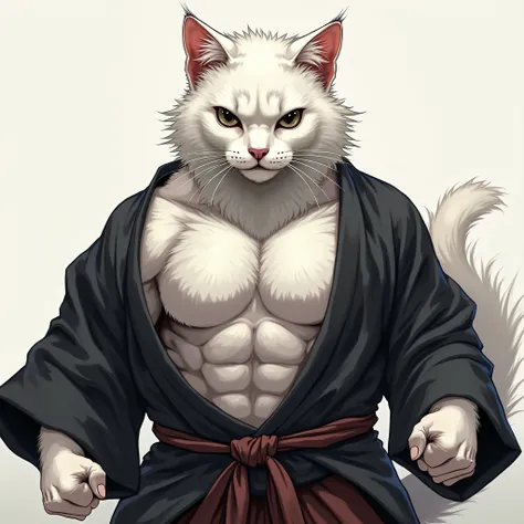 A white angry black eyes muscular cat in a black kimono with his kimono off shouldering in his left arm