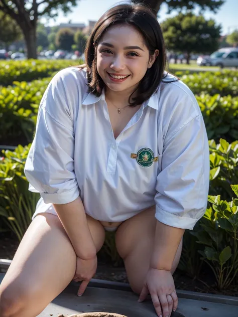 a woman in a shirt leaning against a tree, smile, black hair, underwear, standing, panties, ass, barefoot, teeth, nail polish, white panties, grin, feet, sweater, sharp teeth, thong