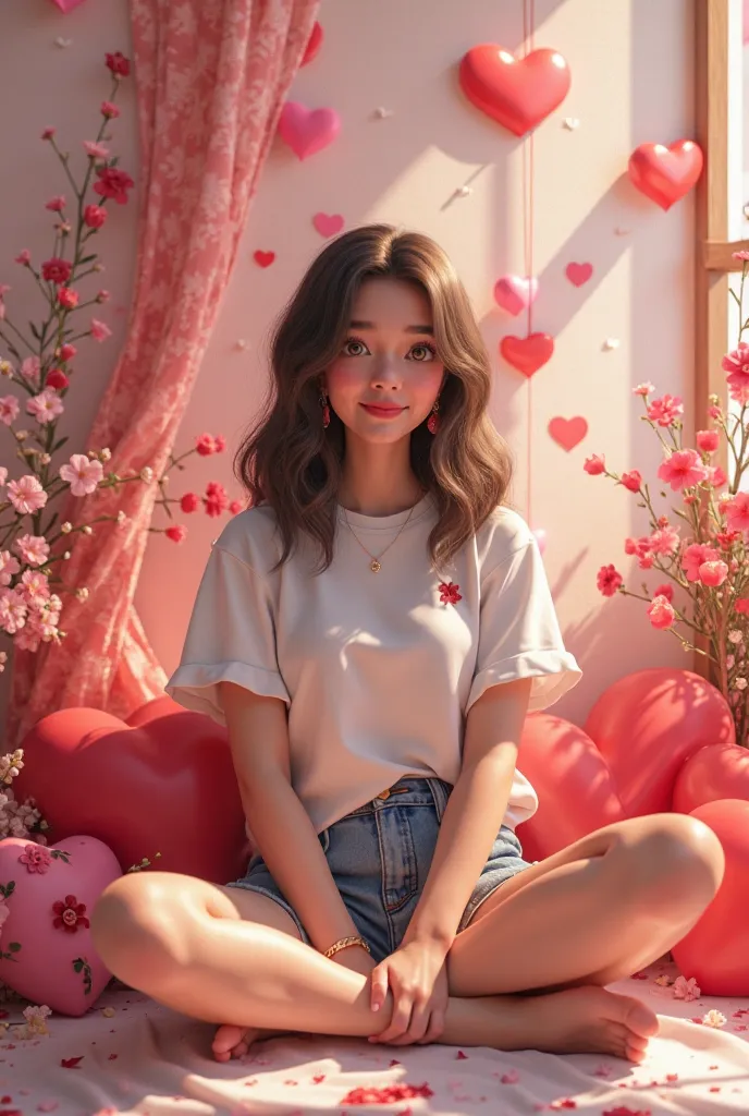 Generate an image of T shirt and shorts "Tina sign.She is sitting in front of a decorated cover photo happy valentines .In the style of CG thick paint, with 1:1 aspect ratio. 