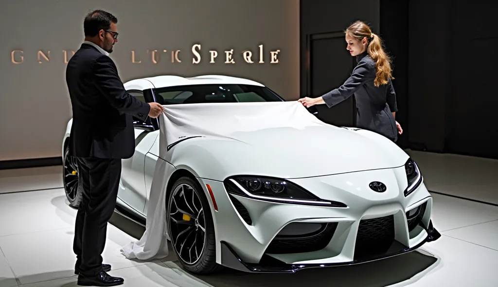 A 2025 (Toyota Supra
 in a luxurious showroom. A man and a woman are in the process of unveiling the car by pulling off a blou cloth that covers it, revealing the car's sleek design. The car itself is a striking white
, with polished details reflecting the...