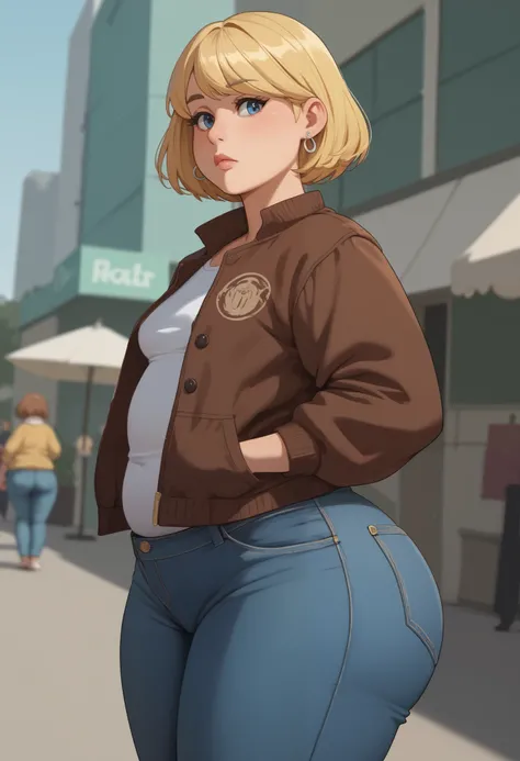 rita loud, mature woman, chubby. blonde hair, solo, short hair, small breasts, huge hips. huge ass. earrings, |   trimmed jacket, tsirt. jeans, cowboy shot, dutch angle, public indecency, nonchalant, solo focus,
