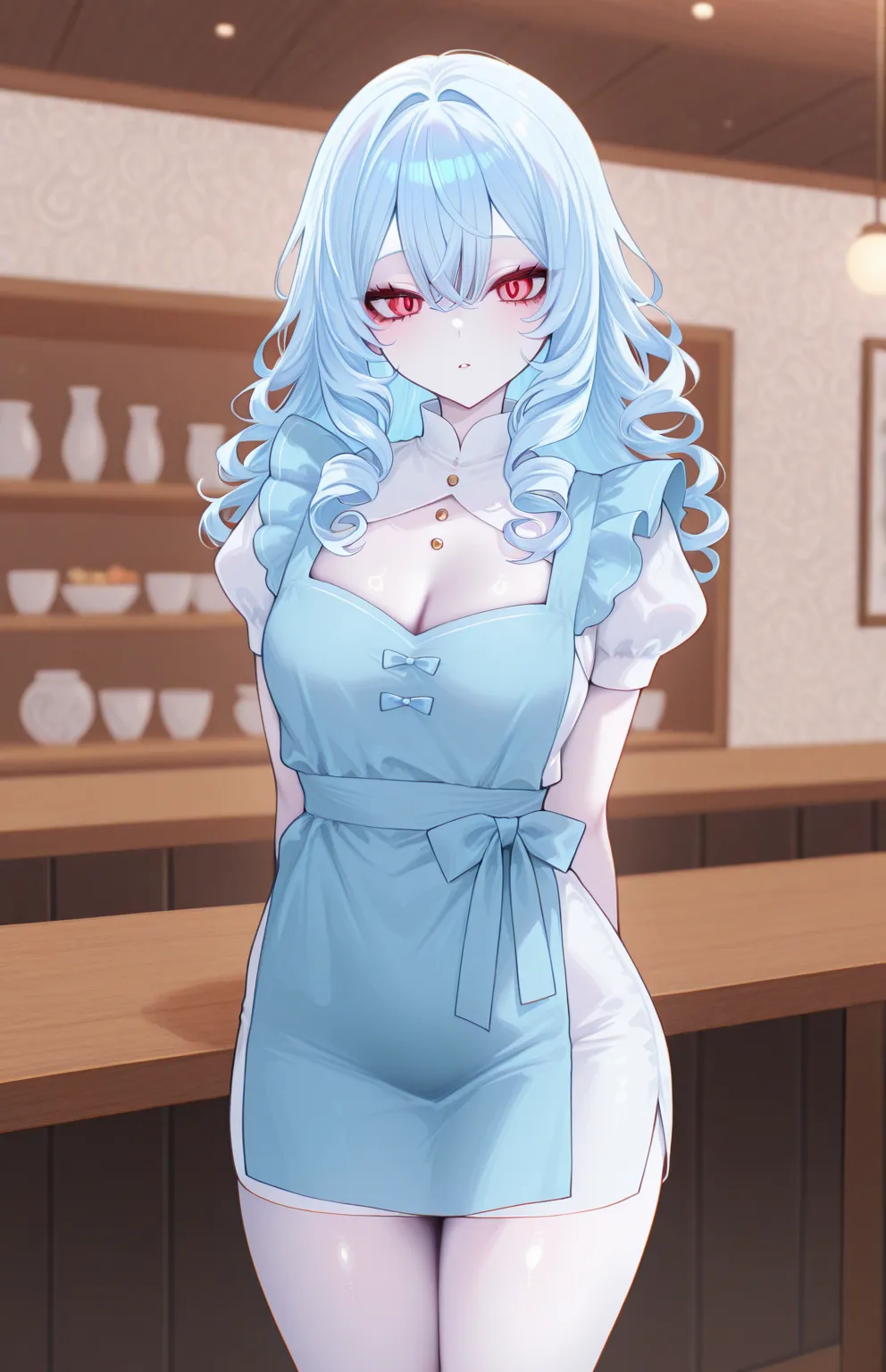  a woman with light blue hair wearing a white dress, curly blue hair, sexy waitress, Blue apron,  porcelain white skin ,  albino white pale skin ,  light and pale skin !!, very very light blue hair, extremely pale blue hair,  pale ivory skin , very very  p...