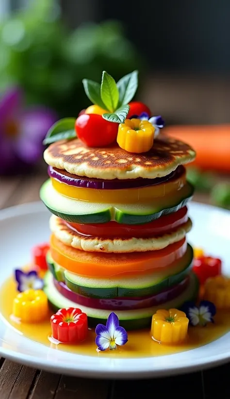 Hgraphic elements, Dynamic Light, Cinematics, HDR, UHD, professional PHOTOGRAPH OF:

  Colorful Harmony
"Visualize a beautifully stacked tower of Sweet Vegetable Pancakes, each layer showcasing vibrant colors from various vegetables. Garnish with fresh edi...