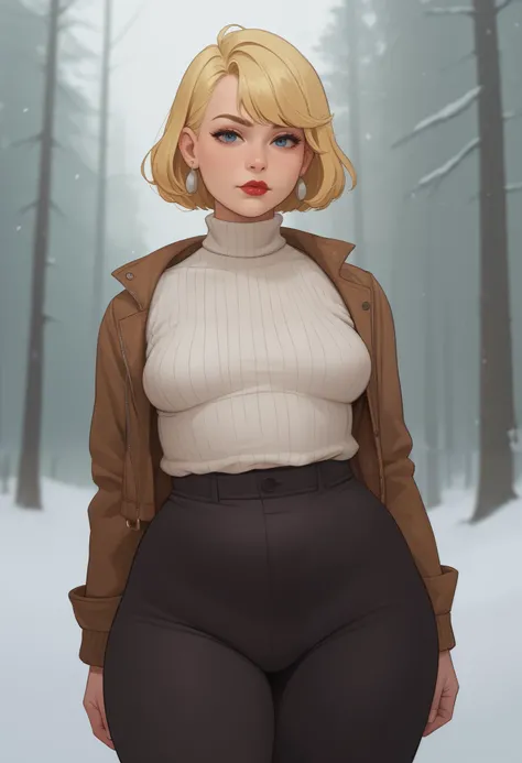 rita loud, mature woman, chubby. blonde hair, solo, short hair, small breasts, huge hips. huge ass. earrings, |   looking at viewer, red lips, cowboy shot, trimmed jacket, pawg, nose. snow forest
