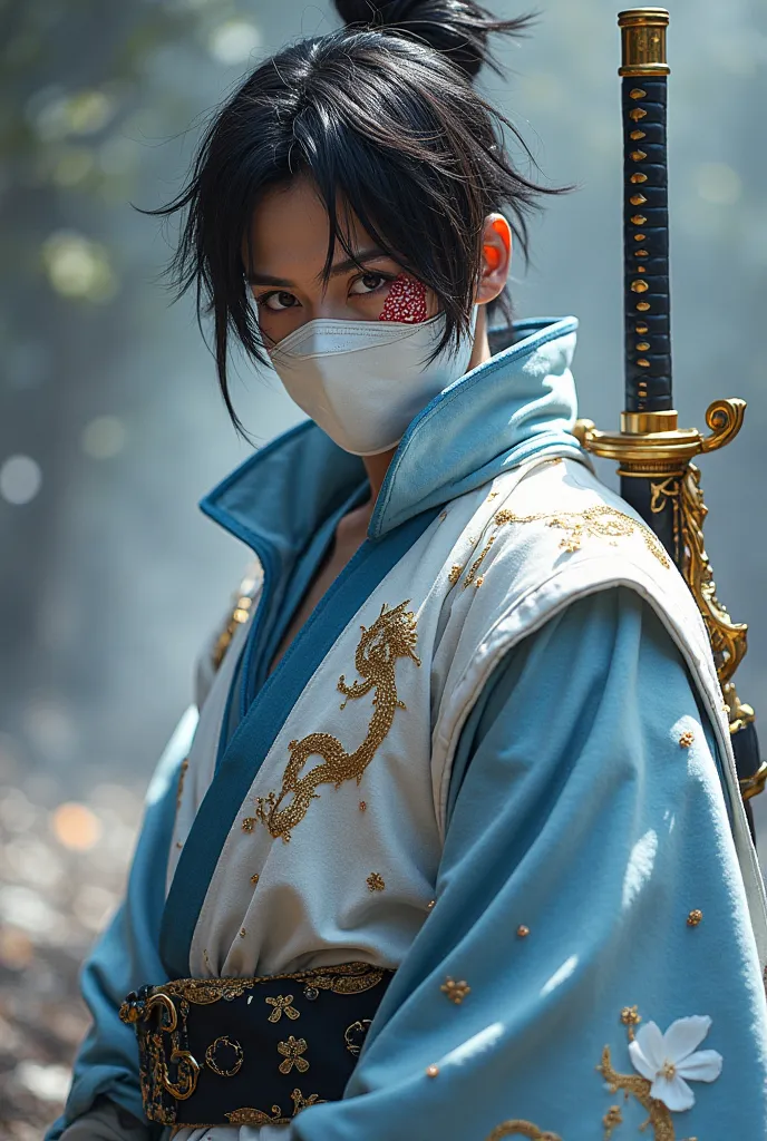 An imposing and mysterious ninja, wearing a costume that combines Japanese tradition with a modern touch. His outfit is a mix of white and sky blue, with brilliant details that reflect Light, giving him an almost heavenly aura. printed on his back and slee...