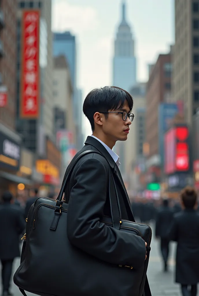 young male psychologist with straight black hair, With a black briefcase , In New York 