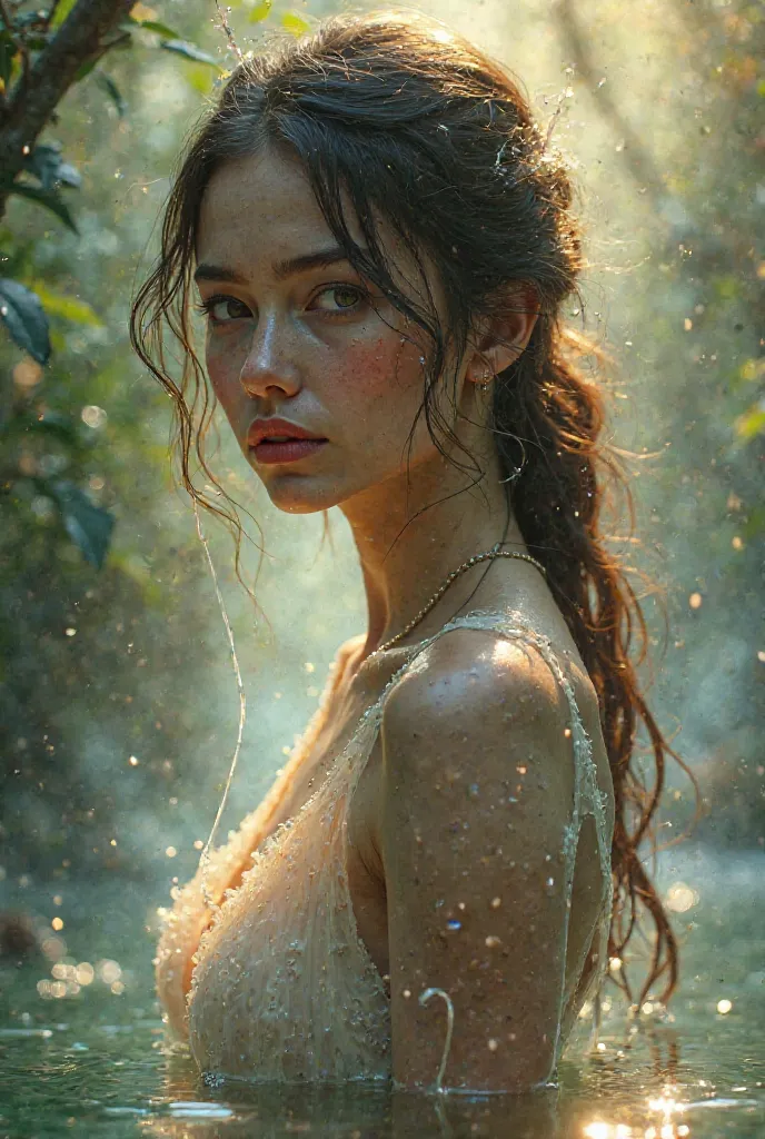  attractive young woman , The expression is vague, Liquid flowing on the face, Liquid flowing on a glowing, nature