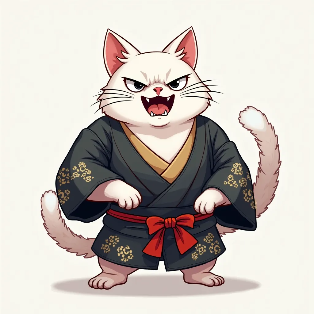 A white angry muscular cat in a black kimono, cute cartoon style.