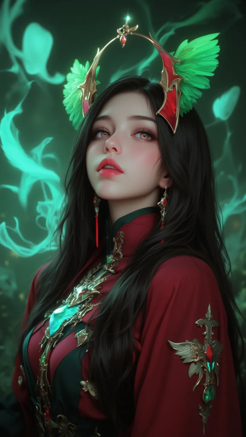 A fascinating illustration，depicts a mysterious creature with colorful feathers、with charming eyes and severity，The background is a lush emerald forest and a drifting mist，creating a sense of wonder and awe。