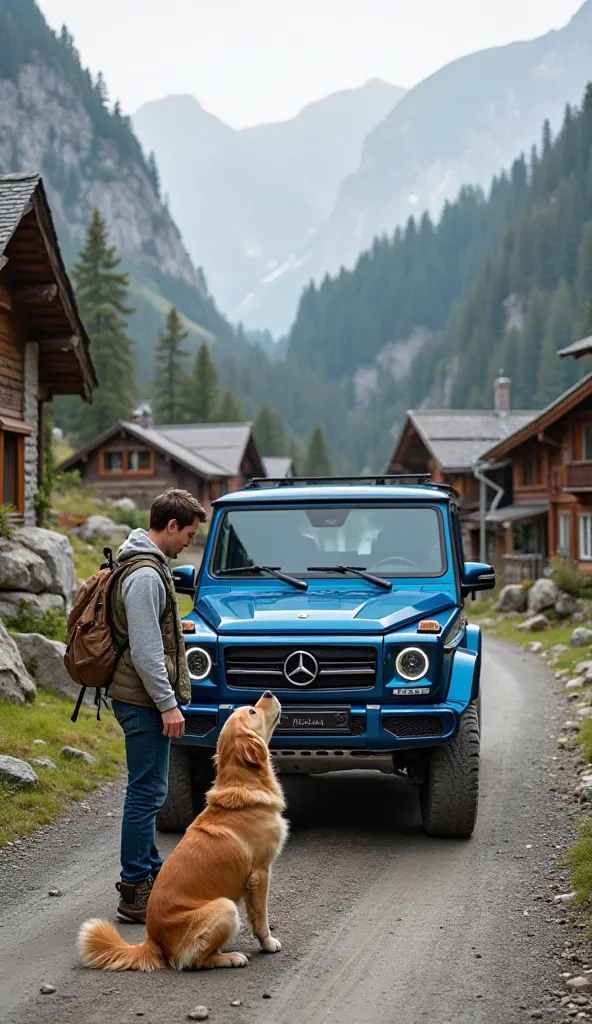 A small mountain village, nestled between rocky cliffs and surrounded by towering evergreens, sets the scene for a warm interaction between a person and a golden retriever. The person, dressed in a hiking vest, long-sleeved shirt, and rugged boots, stands ...