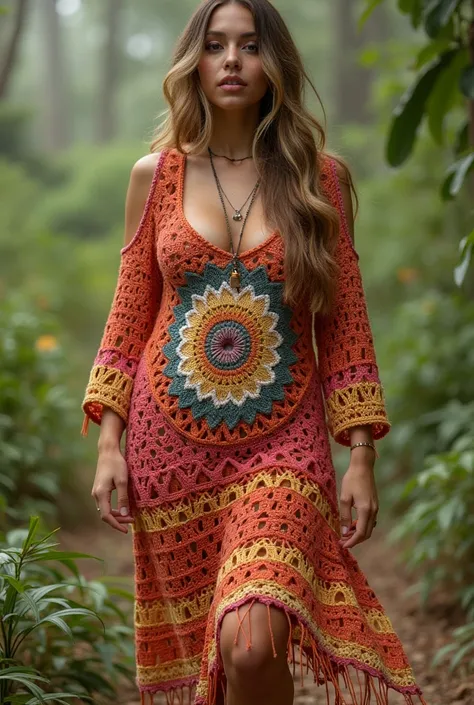 Create a hippie style dress all crocheted with various earthy tones with long sleeves a mandala on the abdomen and short fringes, smooth in the breast area. The dress should be loose for plus size long. Show the image of the front angle. 