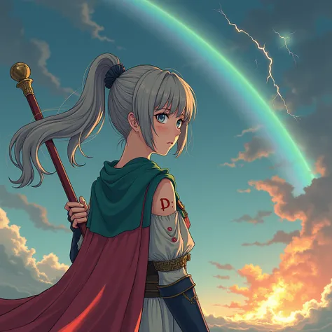 Image d'une fille de 15 ans, les cheveux gris long ayant une cicatrice en forme de "D"sur l'epaule, tenant un baton avec au bout un grand drapeau horizontale bleu, vert et rouge, en enfer, un énorme arc en ciel surplombant le ciel orageux. Il a quelques éc...