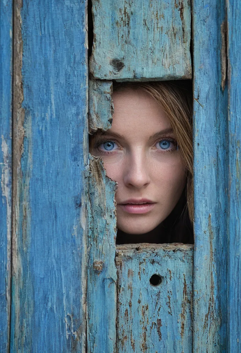 a face and eyes of a age female human  with blue eyes are seen peeking through the gaps in a worn out blue wooden door with holes and rotting.