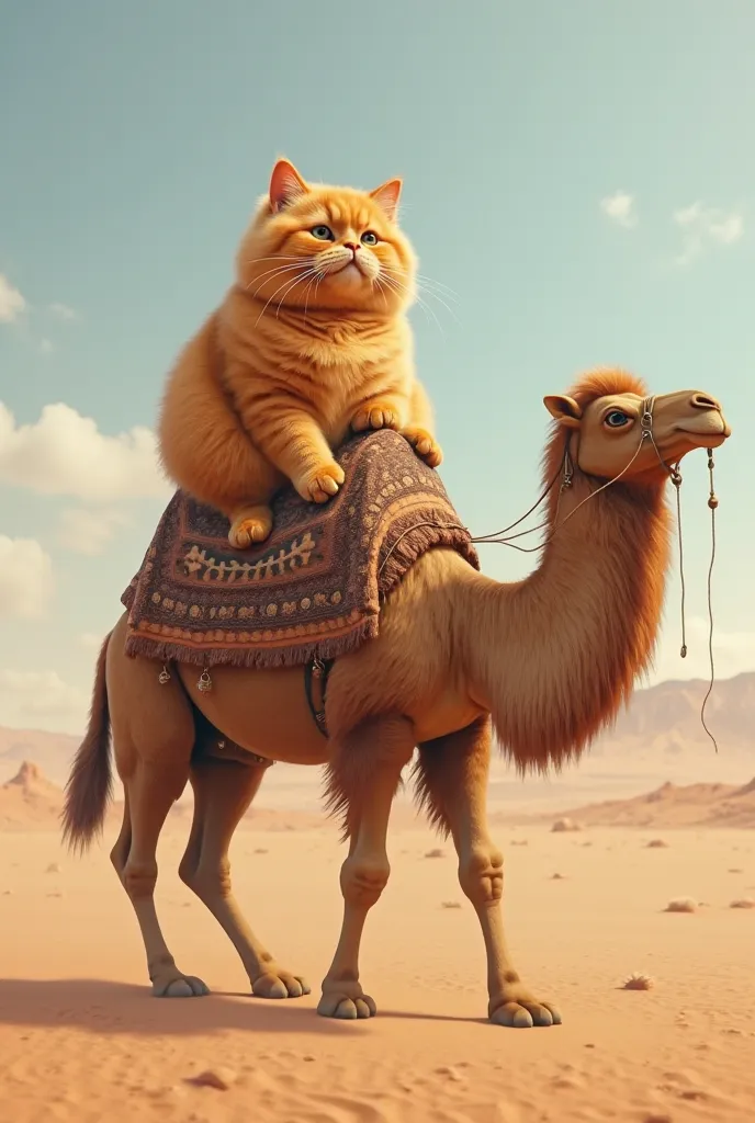 Big fat orange cat sitting on camel and camel is moving