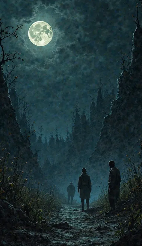 The World Without Moonlight – A dark, eerie landscape where plants have wilted, and people look distressed. The night sky is completely black without the moon.