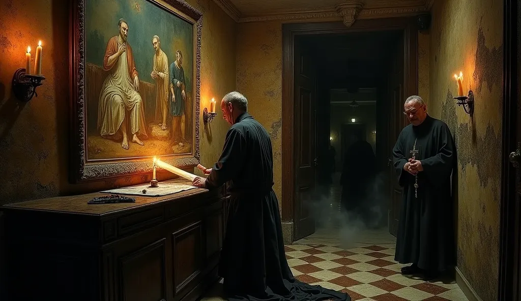 A dark, dank underground chamber in the Vatican Secret Archives, lit only by the dim light of flickering candles. At the center of the scene, a frightened art restorer works on an ancient fresco on the wall, revealing a disturbing image of a wolf-man hybri...