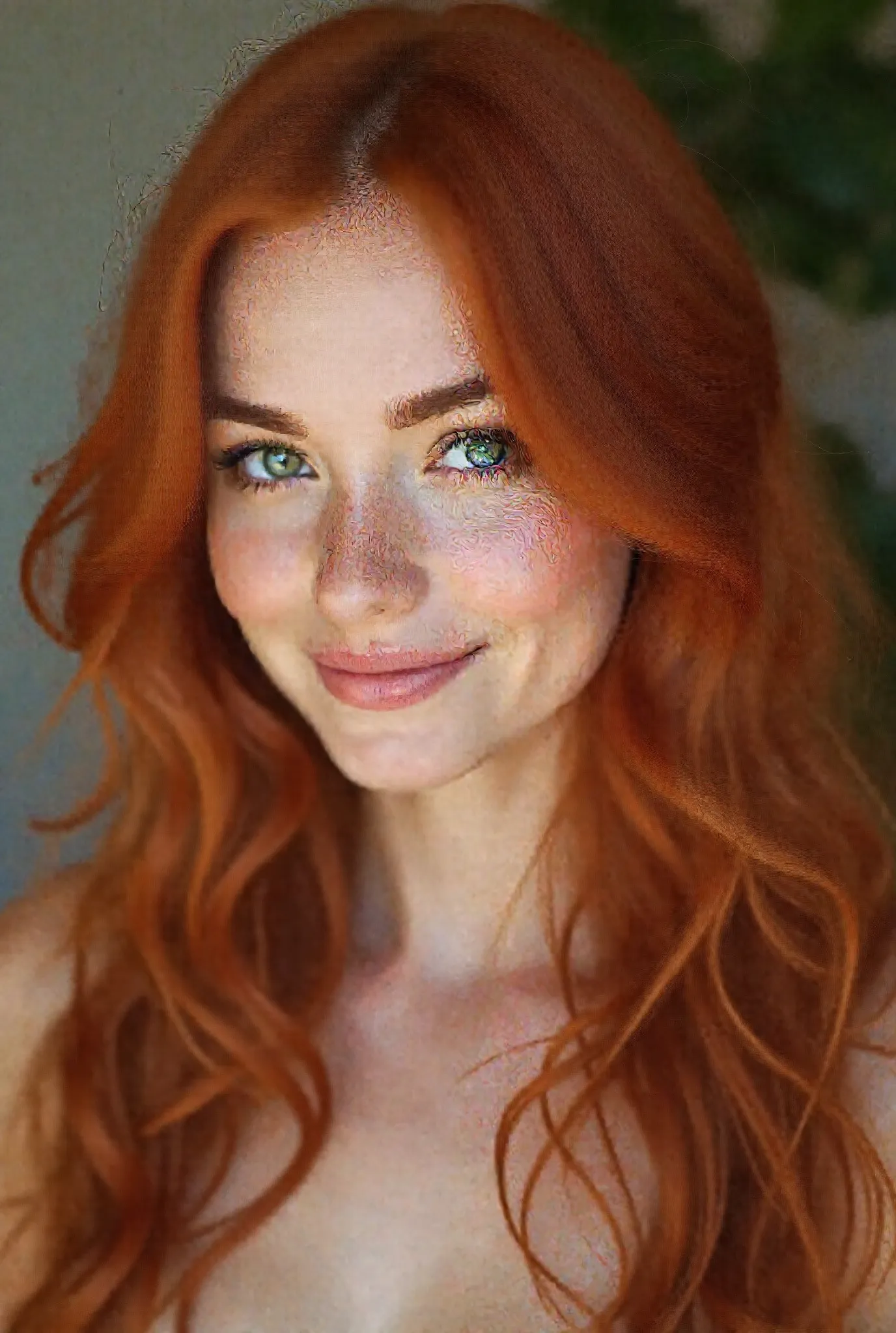 A red-haired woman with fair skin and light freckles, with long, wavy hair in shades of vibrant red. She has intense green eyes, well-defined eyebrows and a soft smile. new, Demonstrating your beautiful body, that complements her hair. The background is so...