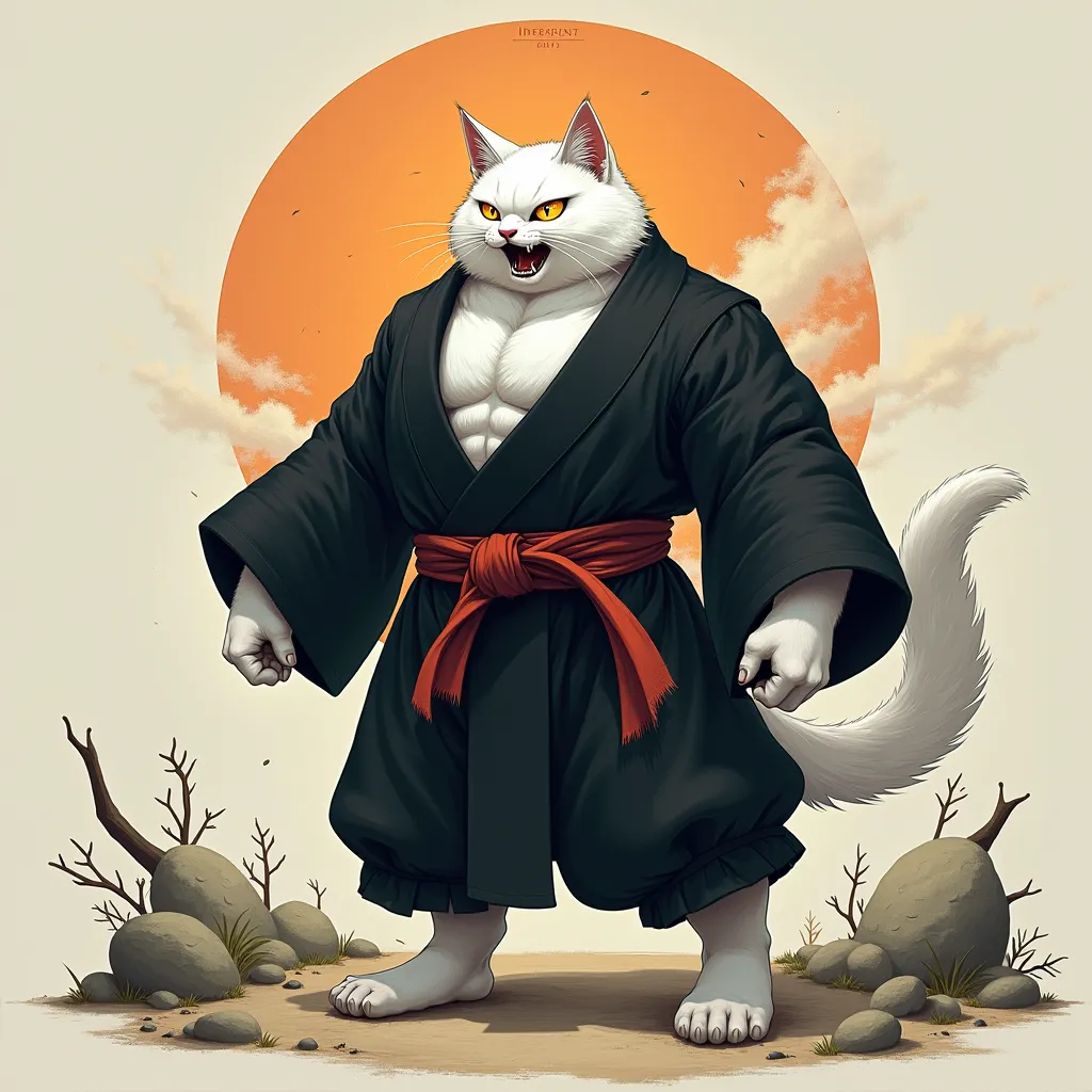 A white angry muscular cat in a black japanese monk attire