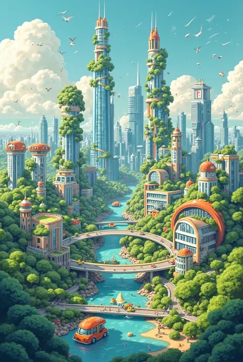 A sustainable futuristic city in a 2D cartoon style