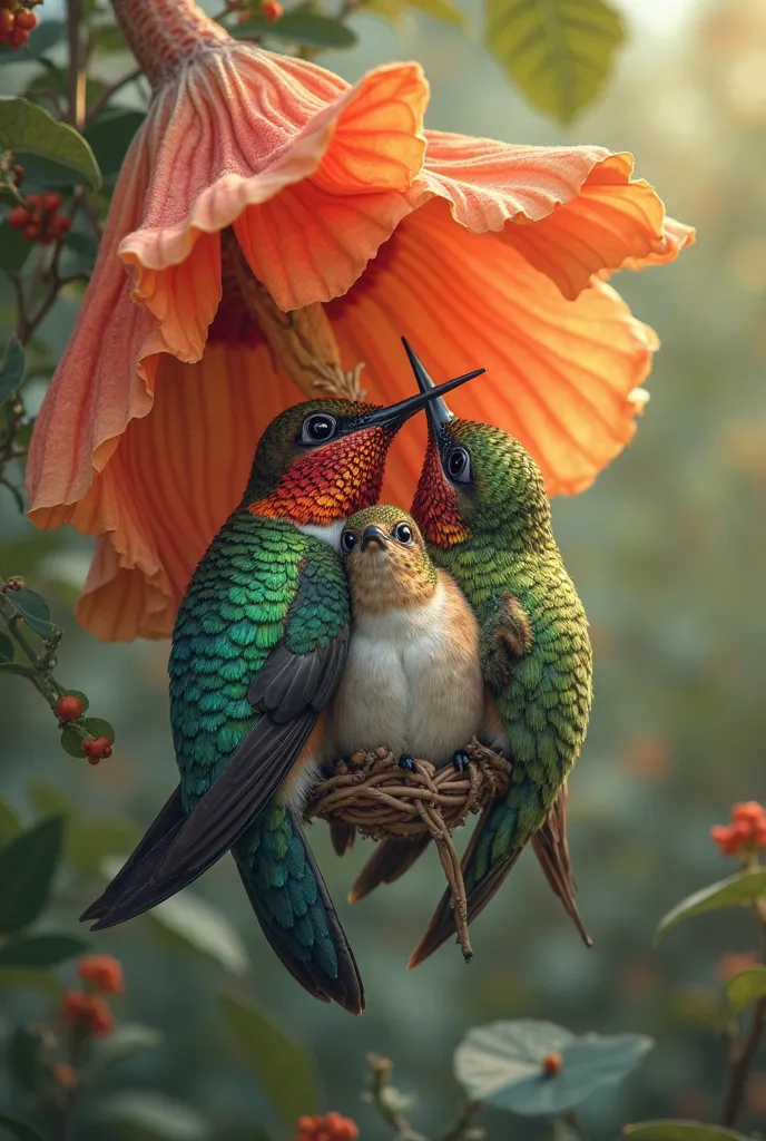 A cozy hummingbird family finding shelter under a flower, reminding us of the beauty of nurturing and the simplicity of life