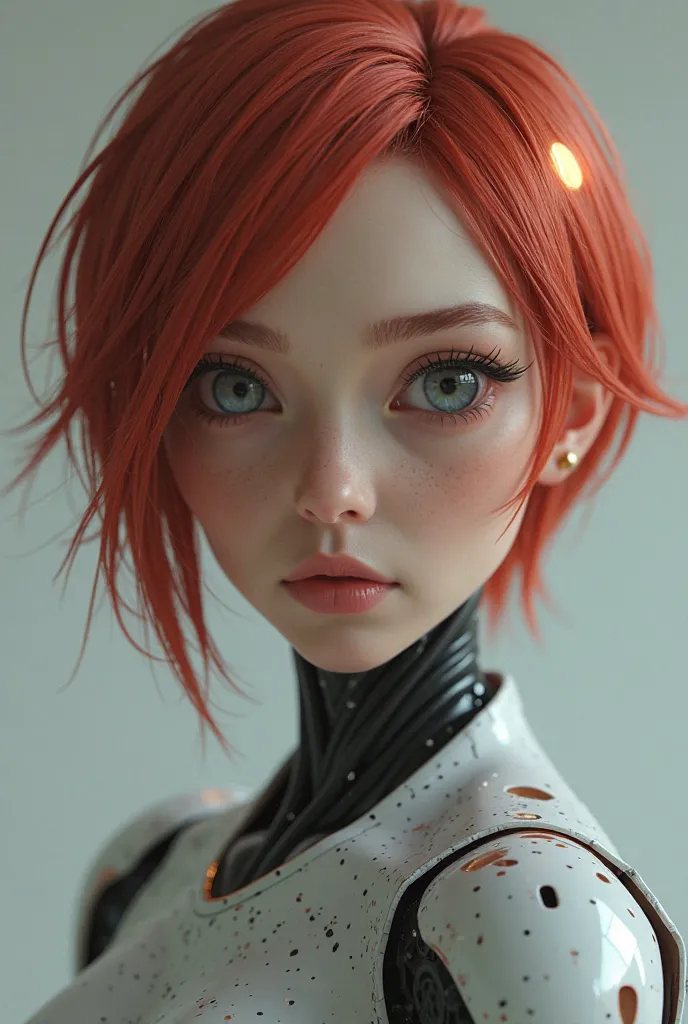 Draw a woman like an android robot from the game Detroit Become Human with red short hair brunette skin to get round very small light on her right temple 