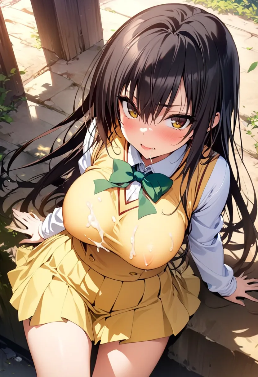 (masterpiece),(best quality),(ultra-detailed),(best illustration),(best shadow),(absurdres),(detailed background),(very aesthetic), ,1girl, kotegawa yui, black hair, long hair, long bangs, brown eyes, large breasts,yellow school uniform, yellow skirt, plea...