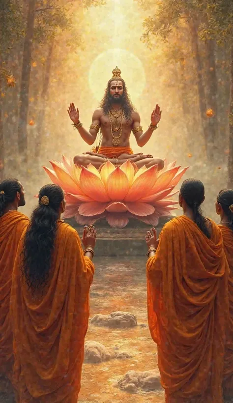 Sages Praying to Brahma – A group of ancient Indian sages, dressed in saffron robes, standing before Lord Brahma, who is seated on a lotus, with four heads and four arms, listening to their plea.