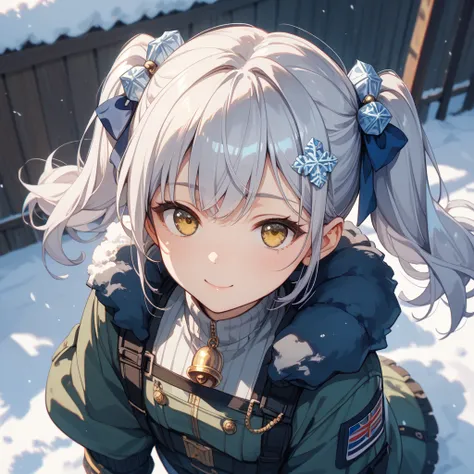 one girl、 Silver Hair、twin tails from above、bell hair ornament、 golden eyes、cute、 clear、Military cold protection、cold weather background