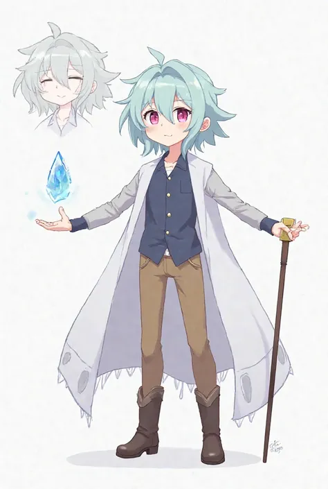 Uma concept art de rpg, aspects at various angles, Of a short sized male character, with is, With light blue hair,  light pink eyes, wearing a white blanket, a dark blue button shirt, tight brown pants and boots, holding a staff with a floating crystal pen...