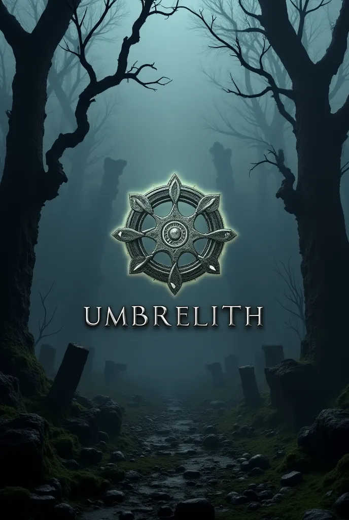 An introduction cover for Umbrelith RPG, with a focus on the dark fantasy theme, mystery and survival. The background is composed of a desolate and dark landscape, with ancient ruins covered with moss and a dense fog that blurs the scenery. The long shadow...