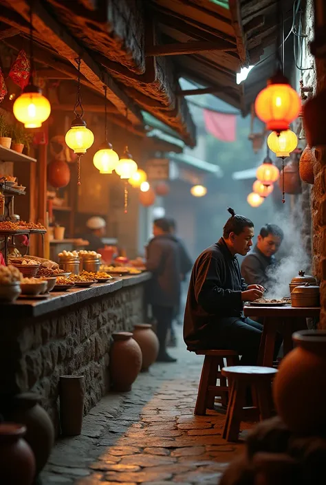 a local momo shop in nepal, street food stall, traditional nepali cuisine, people eating momos, steaming dumplings, cozy interior, warm lighting, vibrant colors, stone walls, wooden furniture, clay pots, spices and herbs, smiling nepali staff, candid docum...