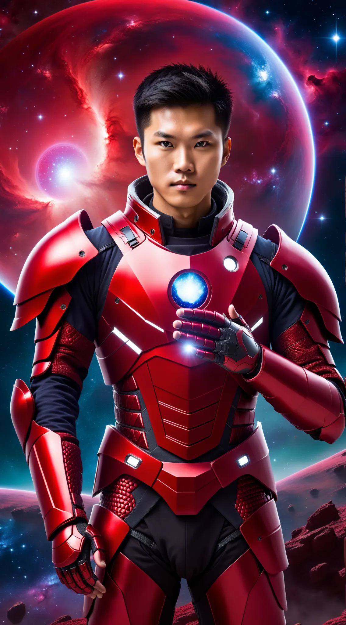 
Chinese anime, 23 year old man wearing high-tech armor. Cutting-edge technology The red tone perfectly cuts the pattern. Extraterrestrial background, many stars, holding a galaxy in hand.