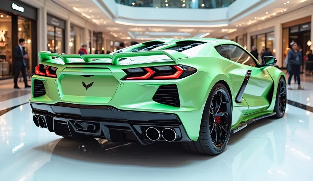 A photo of the back  view back of a light green 2025 Chevy Corvette pickup finally with a sleek, full modified, modern design. The car is parked on a white surface. The background is a shopping mall with white lights. The photo reveals the luxurious interi...