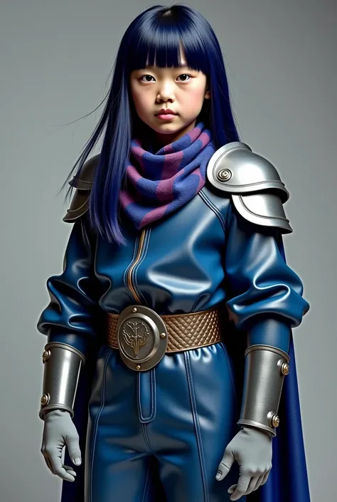 Live Action Tall Asian Tween Boy With blue Skin and Long Flowing Shoulder-Length Dark Blue Hair with Bangs, Wearing a VERY Long Sleeved Baggy Dark Blue Full-Body Leather Suit With Metal Shoulder pads, Metal Chest Plaited Armor, With Grey Glossy Leather Glo...