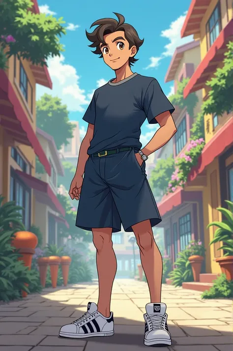 Make a man who is on average 30 years old in the art style of the Pokémon anime. He has dark brown hair and very little curled only at the top. her eyes are brown , He has white skin and a very thin beard on his face. He wears a dark blue blouse and dark b...